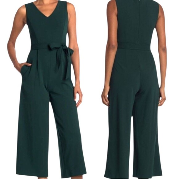 NWT Calvin Klein Green Crinkle Wide Leg Crop Jumpsuit Size 6 Sleeveless Belted - Picture 1 of 8